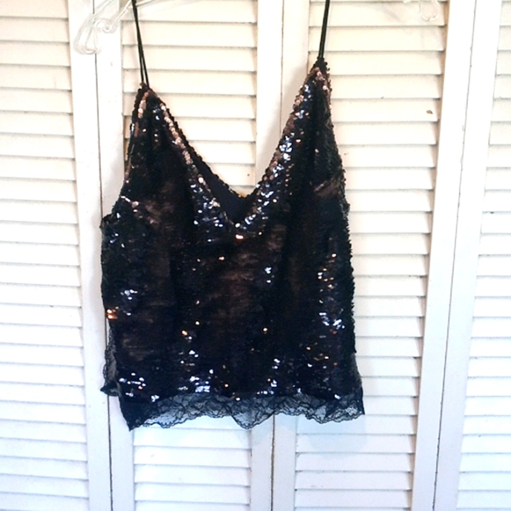 FREE PEOPLE - tank: rev sequins fr black to bronze, XS .. large side lacy slits